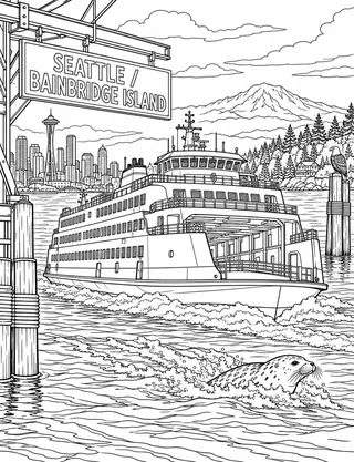 Detailed coloring page of Seattle-Bainbridge Ferry and Puget Sound Skyline