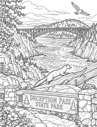 Detailed coloring page of Deception Pass Cliffs and Bridge featuring Deception Pass State Park sign