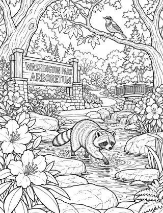 Detailed coloring page of Washington Park Arboretum Wetland Garden featuring Washington Park Arboretum sign