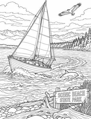 Detailed coloring page of Beach State Park Hood Canal Sailboat featuring Scenic Beach State Park sign
