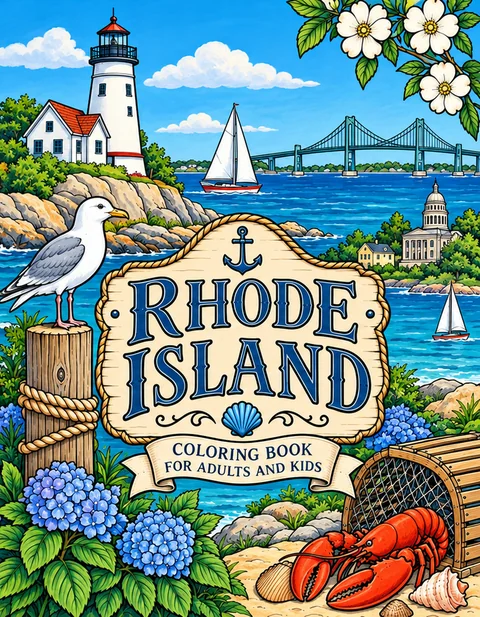 Rhode Island Coloring Book for Adults cover illustration by Louisa May Carson