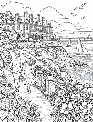 Detailed coloring page of Newport-cliff-walk-mansion