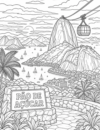 Detailed coloring page of Sugarloaf featuring Pão De Açúcar sign