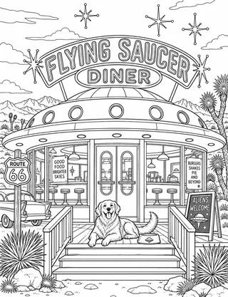 Detailed coloring page of Retro Flying Saucer Diner and Route Waystation featuring Flying Saucer Diner sign