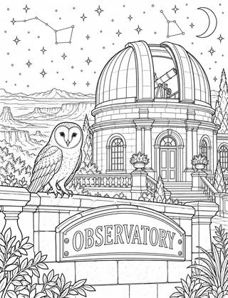 Detailed coloring page of Historic Astronomical Observatory Dome featuring Observatory sign