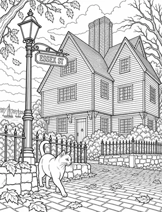 Detailed coloring page of Witch House on Essex Street