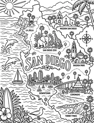 Illustrated travel map of San Diego landmarks and attractions