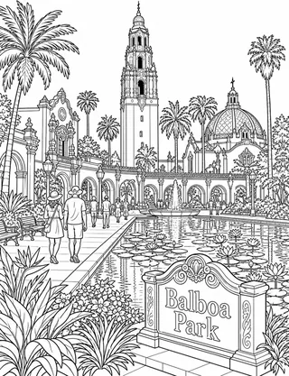 Detailed coloring page of Balboa Park California Tower and lily pond featuring Balboa Park sign