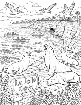 Detailed coloring page of La Jolla Cove sea lions on rocks with kayaks and cliffs featuring La Jolla Cove sign