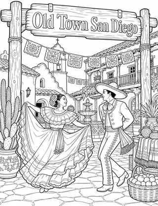 Detailed coloring page of Old Town adobe plaza with folklórico dancers and market details featuring Old Town San Diego sign