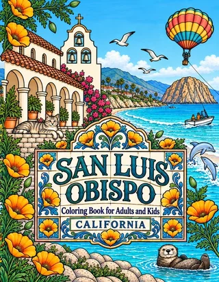 San Luis Obispo Coloring Book for Adults cover illustration by Louisa May Carson
