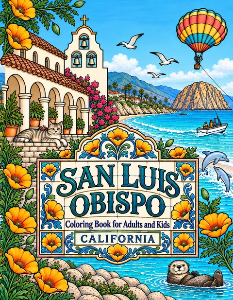 San Luis Obispo Coloring Book for Adults cover illustration by Louisa May Carson