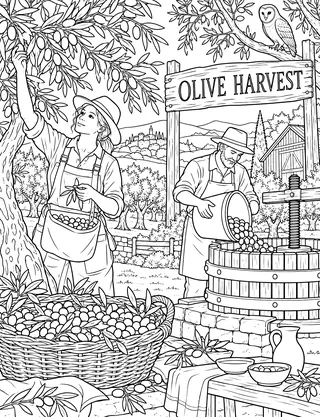 Detailed coloring page of Paso Robles olive harvest featuring Olive Harvest sign