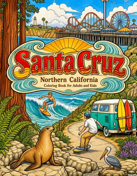 Santa Cruz Coloring Book for Adults cover illustration by Louisa May Carson