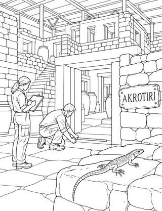 Detailed coloring page of Ancient Akrotiri Excavation featuring Akrotiri sign