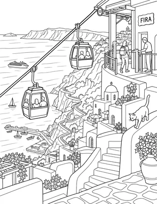 Detailed coloring page of Fira Caldera Cable Car featuring Fira sign