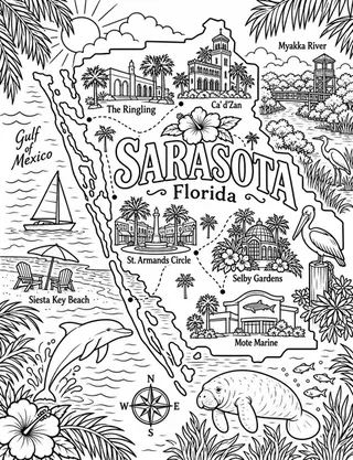 Illustrated travel map of Sarasota landmarks and attractions