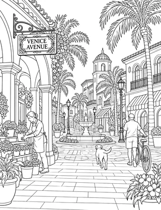 Detailed coloring page of Historic downtown Venice featuring Venice Avenue sign