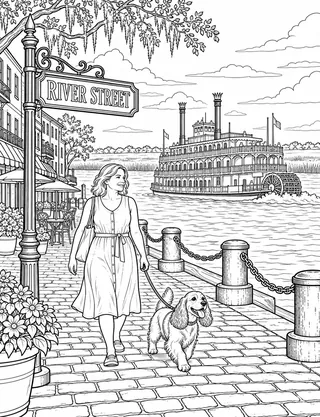 Detailed coloring page of River Street Historic Cobblestones and Savannah Riverboat featuring River Street sign