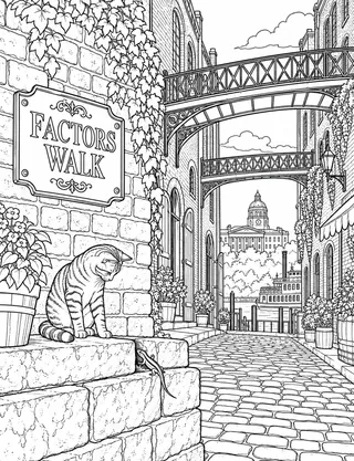 Detailed coloring page of Factors Walk Iron Footbridges and Historic Bluffs featuring Factors Walk sign