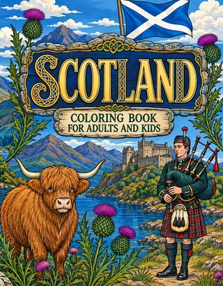 Scotland Coloring Book for Adults cover illustration by Louisa May Carson