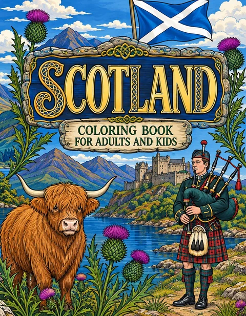 Scotland Coloring Book for Adults cover illustration by Louisa May Carson
