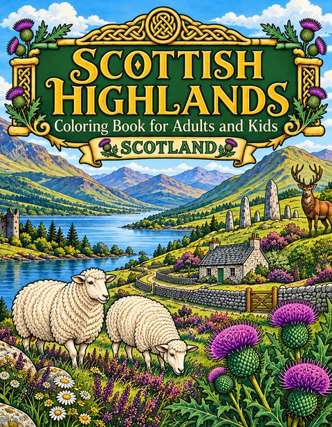 Scottish Highlands Coloring Book for Adults cover illustration by Louisa May Carson