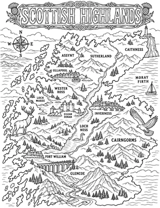 Illustrated travel map of Scottish Highlands landmarks and attractions