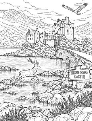 Detailed coloring page of Eilean Donan Castle Causeway and Loch Duich