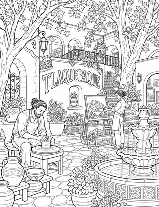 Tlaquepaque Sedona coloring page with detailed line art