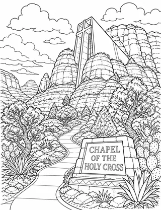 Chapel Of The Holy Cross Sedona coloring page with detailed line art