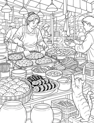 Detailed coloring page of Gwangjang market food stall