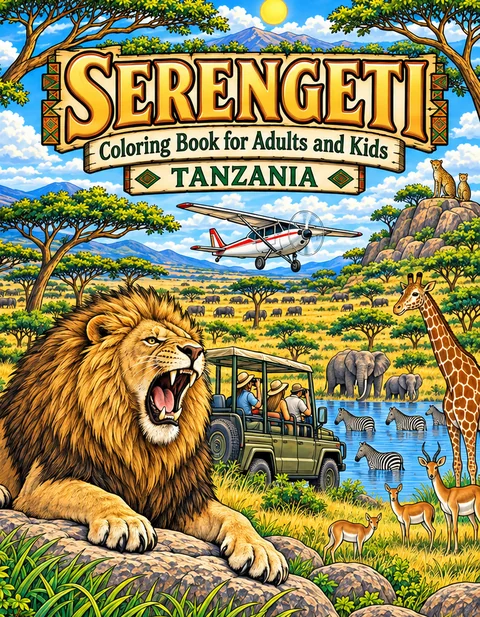 Serengeti Coloring Book for Adults cover illustration by Louisa May Carson