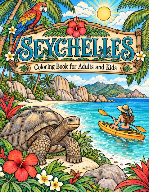 Seychelles Coloring Book for Adults cover illustration by Louisa May Carson
