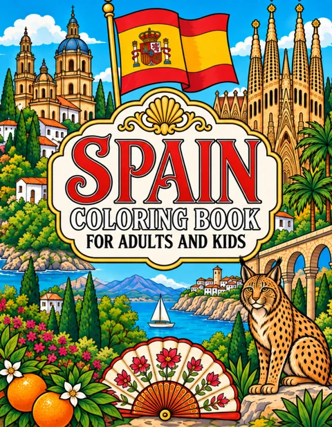 Spain Coloring Book for Adults cover illustration by Louisa May Carson
