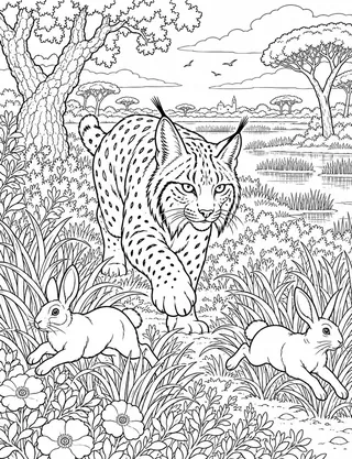 Detailed coloring page of Doñana Iberian lynx stalking through marsh scrub