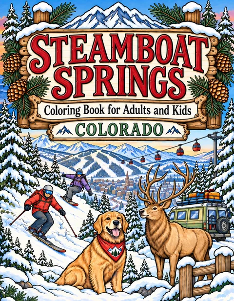 Steamboat Springs Coloring Book for Adults cover illustration by Louisa May Carson