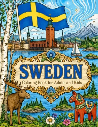 Sweden Coloring Book for Adults cover illustration by Louisa May Carson