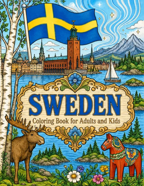 Sweden Coloring Book for Adults cover illustration by Louisa May Carson