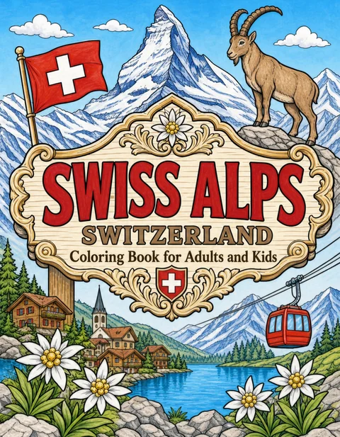 Swiss Alps Coloring Book for Adults cover illustration by Louisa May Carson
