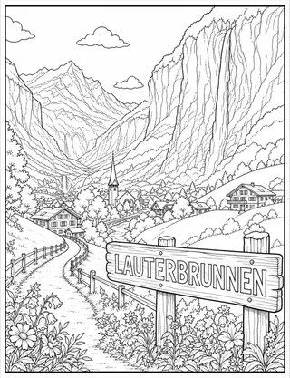 Detailed coloring page of Lauterbrunnen Valley And Staubbach Falls featuring Lauterbrunnen sign