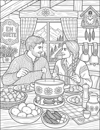 Detailed coloring page of Swiss Fondue In A Mountain Chalet featuring En Guete sign