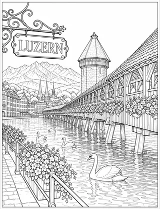 Detailed coloring page of Lucerne Chapel Bridge And Mount Pilatus featuring Luzern sign