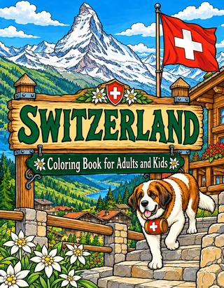 Switzerland Coloring Book for Adults cover illustration by Louisa May Carson