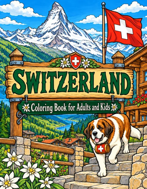 Switzerland Coloring Book for Adults cover illustration by Louisa May Carson