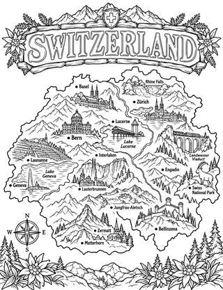 Illustrated travel map of Switzerland landmarks and attractions