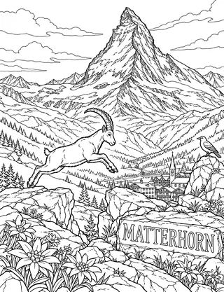 Detailed coloring page of Matterhorn from Zermatt