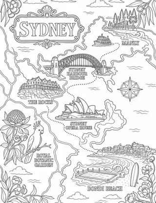 Illustrated travel map of Sydney landmarks and attractions