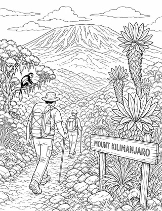 Detailed coloring page of Dramatic Mount Kilimanjaro scene from the foothills featuring Mount Kilimanjaro sign