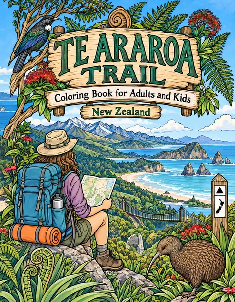 Te Araroa Coloring Book for Adults cover illustration by Louisa May Carson